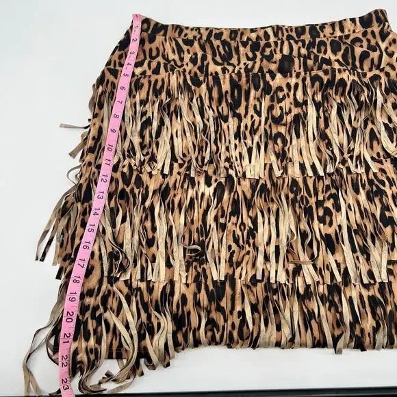 CHICO'S BROWN/ tan ANIMAL LEOPARD PRINT FRINGE PULL ON SKIRT size 2 US large - Picture 2 of 9